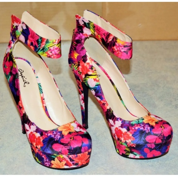 Qupid Sanity 04 Pink Multi Floral Print Ankle Strap Zip Up Back Stiletto Pumps - Picture 15 of 15
